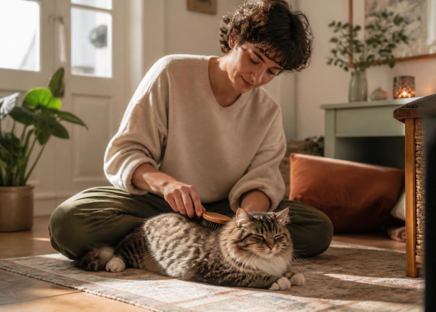 A person gently brushing a relaxed cat in warm afternoon light