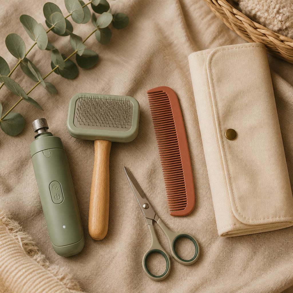The PawCalm full grooming kit laid out on a linen cloth